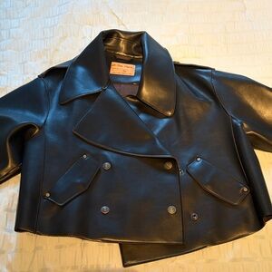 FREE PEOPLE Black Cropped Faux Leather Double-Breasted Jacket